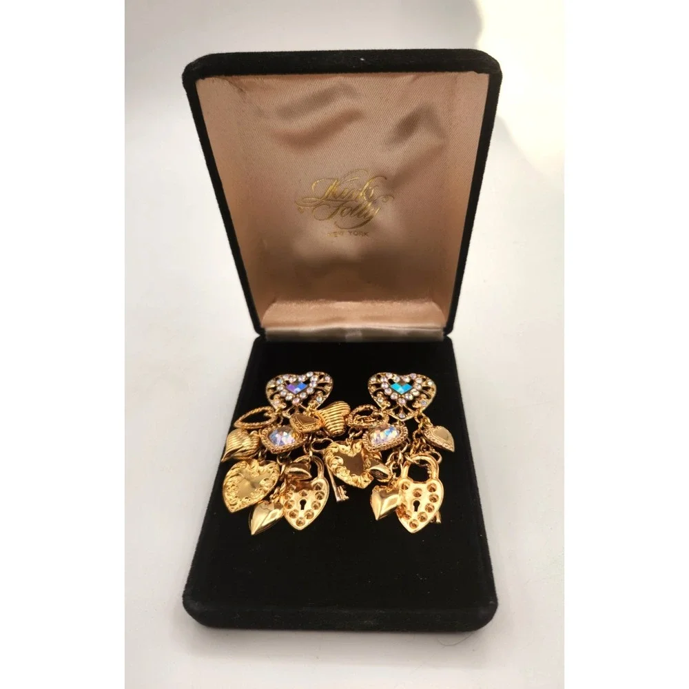 Kirks Folly Swarovski Gold Earrings Dangllng Multi Hearts Clip On New in Box VTG